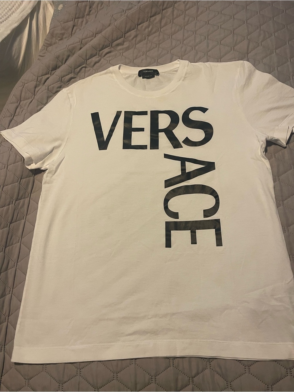 Versace White Tee with Black Vertical Logo Print